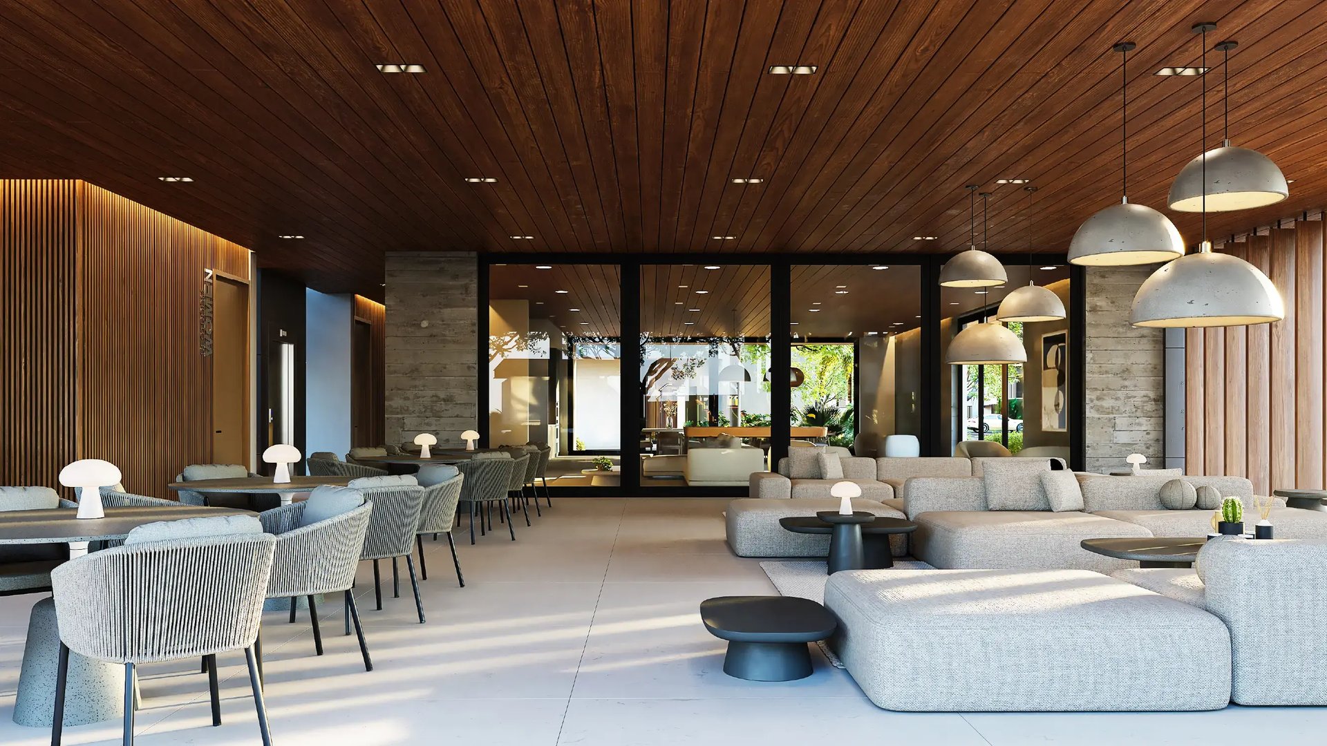 Render de salón social de lujo con diseño contemporáneo. Presenta sofás modulares, mesas de trabajo con sillas tejidas, lámparas de diseño y cielorraso de madera.