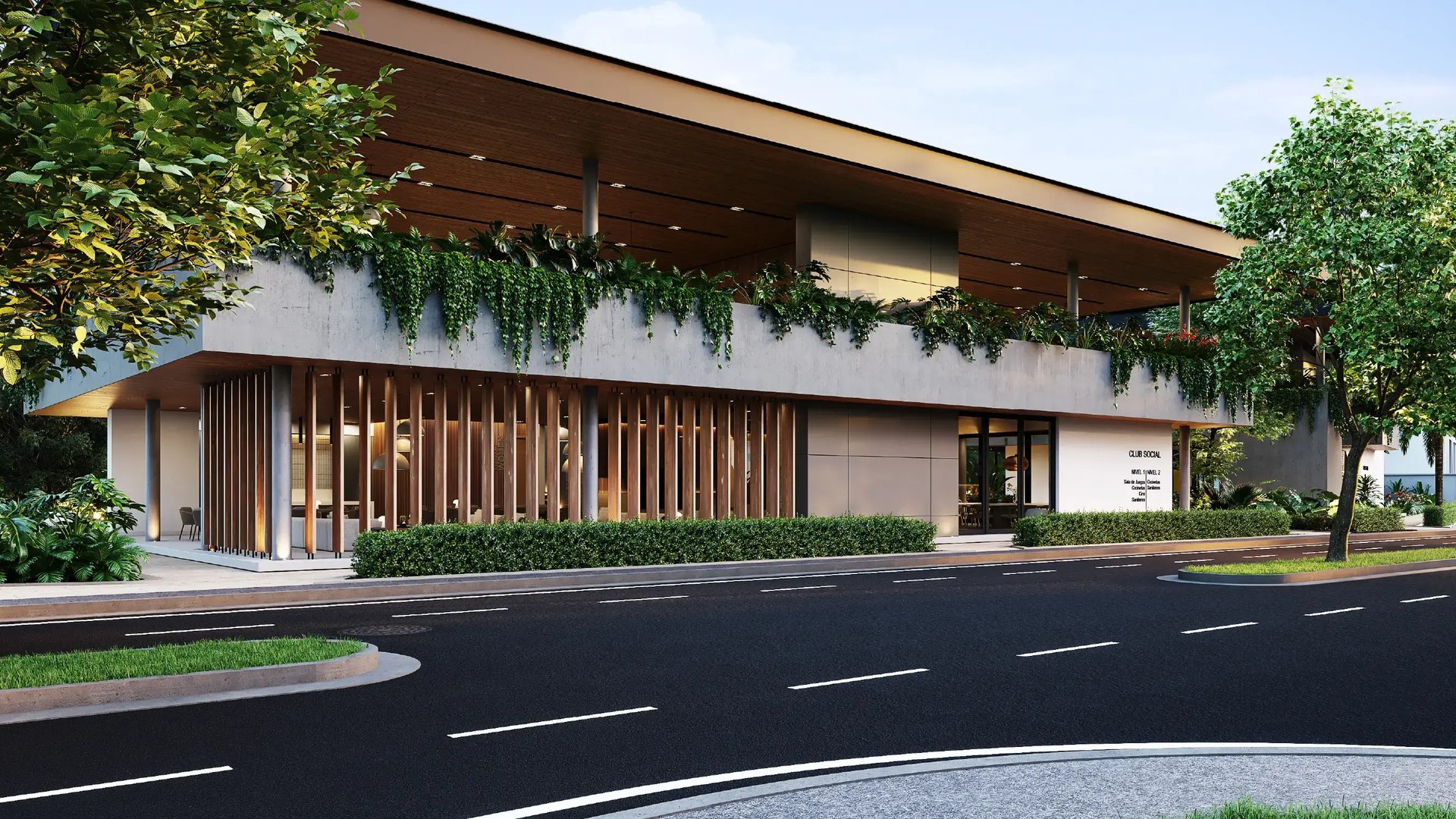 Render exterior de Club Social moderno. Directorio indica: Nivel 1 con Sala de Juegos, Cine y Sanitarios; Nivel 2 con Coworking y Sanitarios. Arquitectura contemporánea con madera, concreto y vegetación colgante de Eurohogar.