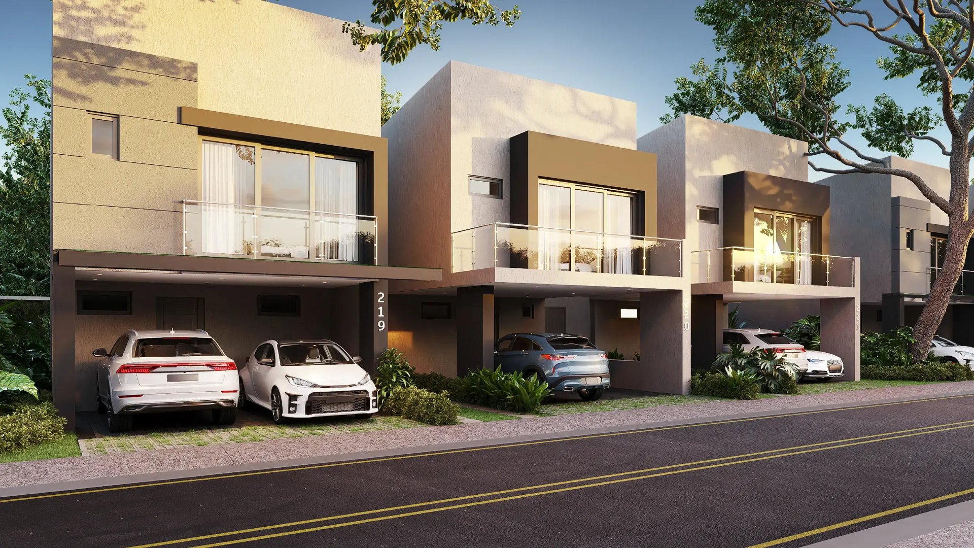 Render de fachadas modernas de casas de dos niveles en condominio Eurohogar. Destaca el diseño contemporáneo en tonos grises, balcones con barandales de vidrio, amplios ventanales y cocheras techadas para dos vehículos en calle asfaltada.