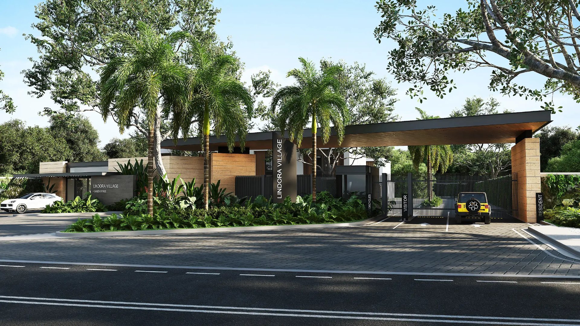 Render de la entrada principal a Condominio Lindora Village. Destaca el acceso controlado con carriles para residentes y visitas, arquitectura moderna con acabados en piedra y madera, palmeras decorativas y caseta de seguridad de Eurohogar.