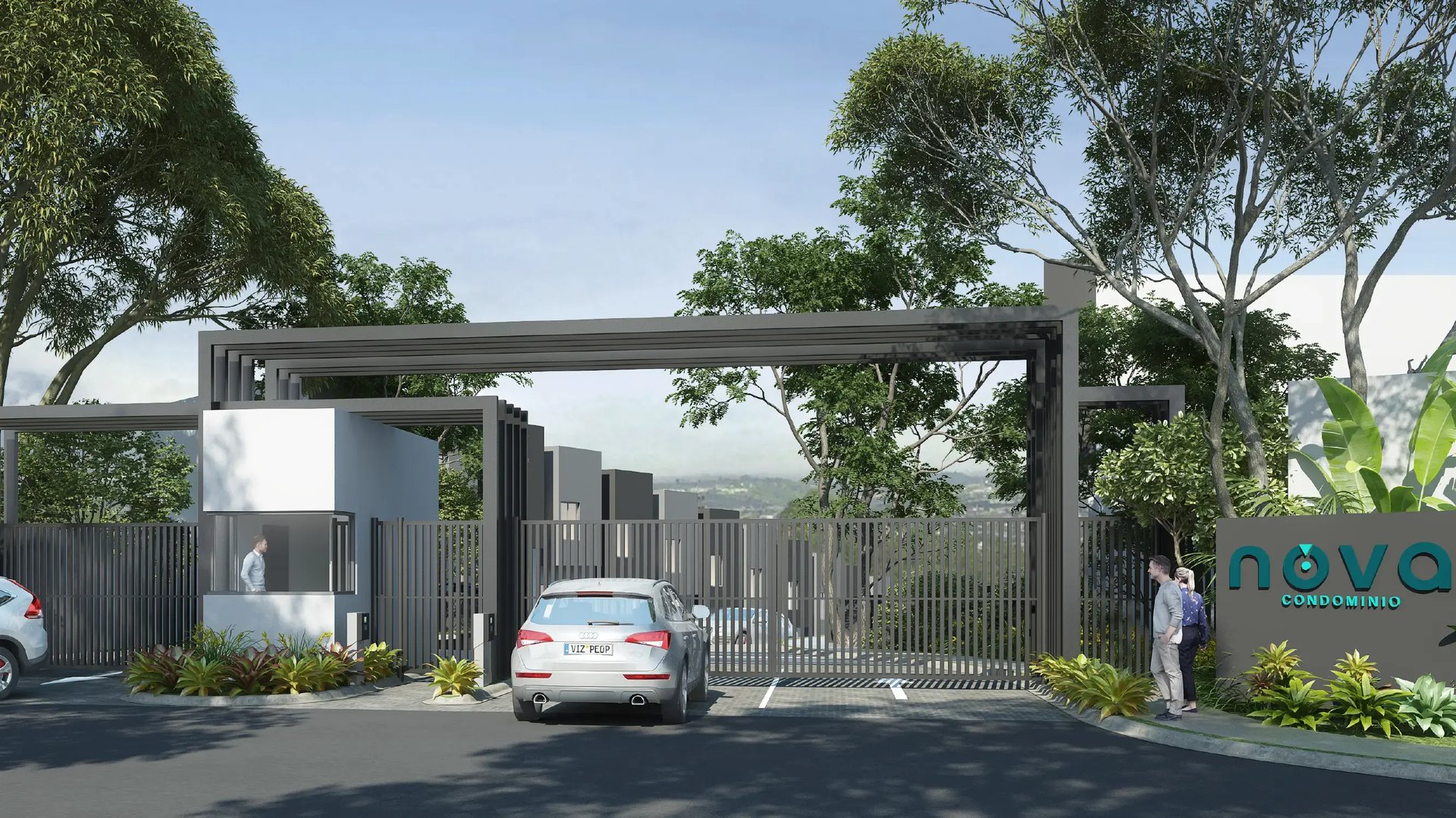 Render del pórtico de acceso vehicular a Condominio Nova, Desamparados. Se observa el carril de entrada con barrera de control, la caseta de seguridad con diseño moderno de dos plantas y una pérgola metálica sobre el área de espera, rodeado de áreas verdes.