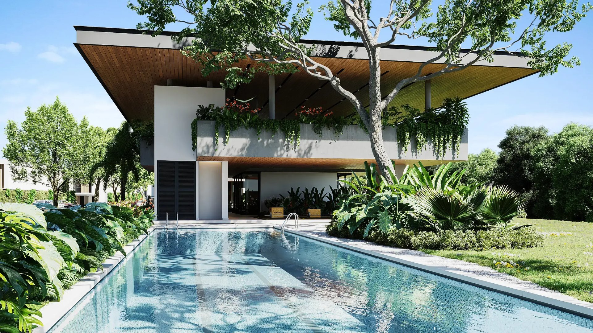 Render de piscina con carril de nado en Condominio Eurohogar. Destaca la Casa Club de diseño moderno con amplios aleros de madera, vegetación tropical abundante y un entorno natural de jardines bajo un cielo despejado.