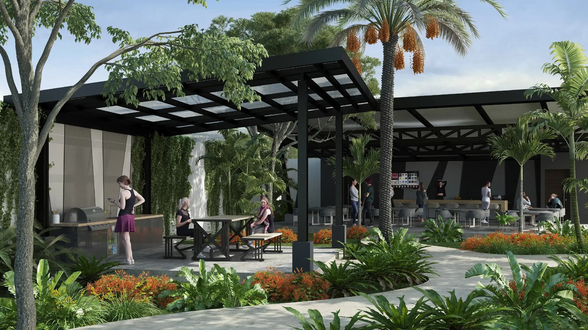 Render exterior contemporáneo de la Casa Club en Condominio Nova, Desamparados. Muestra la fachada moderna de una terraza techada con vigas de madera y un entorno paisajístico de palmeras.