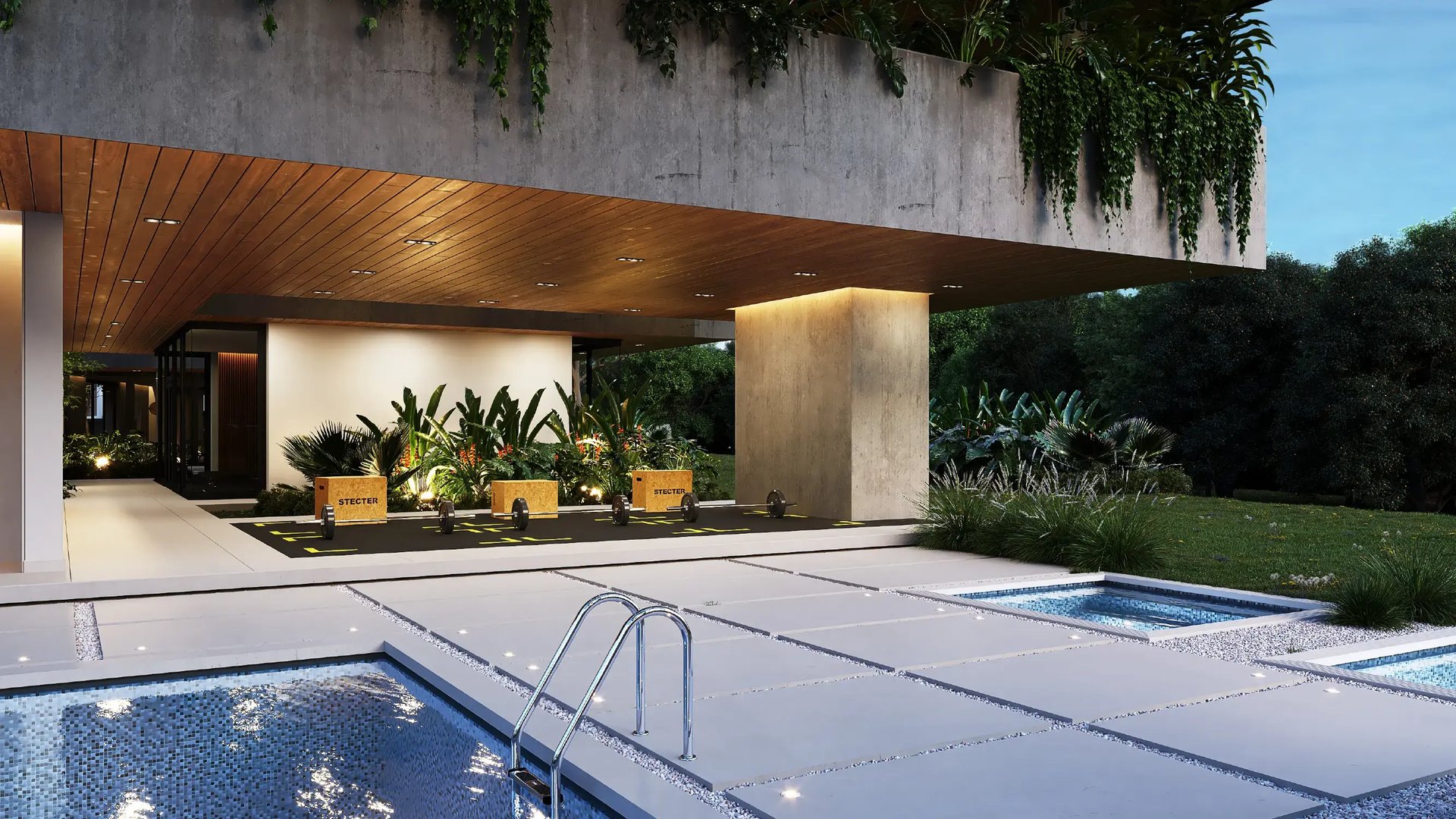 Render de zona de CrossFit al aire libre en Casa Club de Eurohogar. Muestra cajones de salto, pesas y barras sobre piso especializado, junto a la piscina y rodeado de naturaleza. Arquitectura moderna con acabados en concreto y madera.