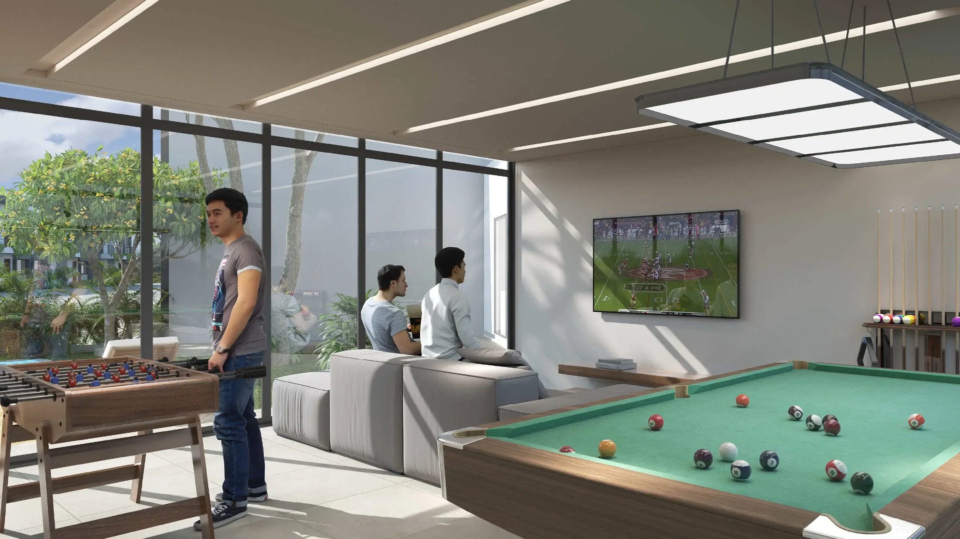 Render de la sala de entretenimiento y club de juegos del Condominio Epiko de Eurohogar, con mesa de billar, futbolín, zona de TV con sofá y personas disfrutando, en un espacio moderno con ventanales a jardines.