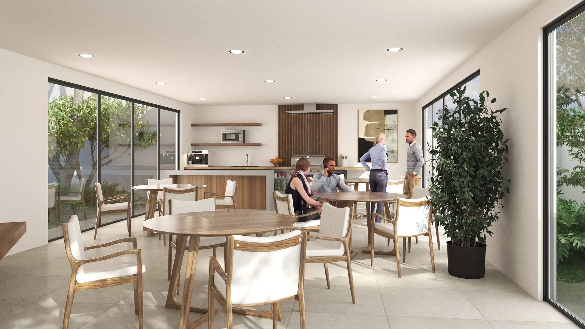 Render del área social y casa club del Condominio Epiko, con mesas de madera modernas, cocina integrada, amplios ventanales con vista a jardines y personas disfrutando del espacio.
