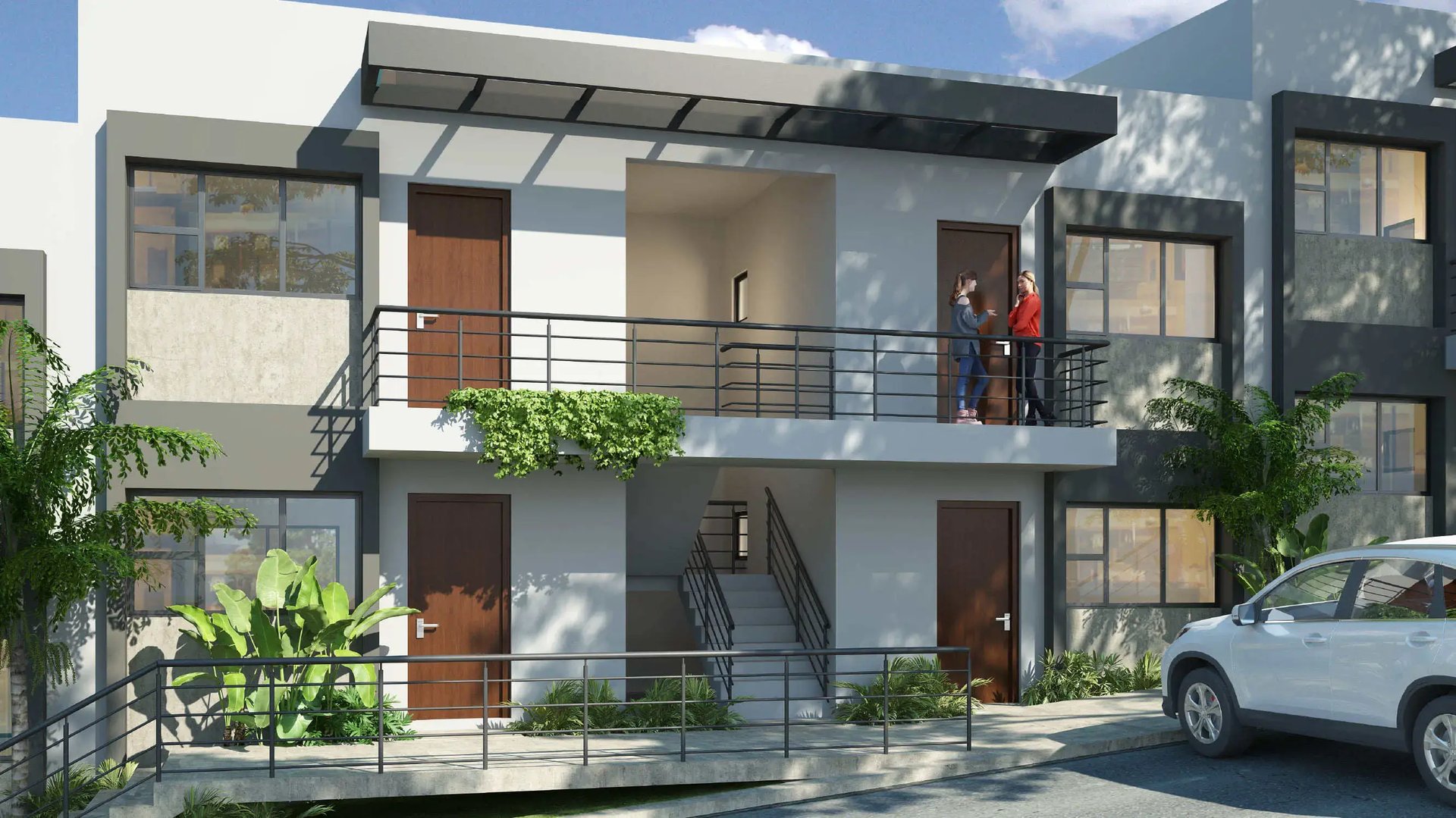 Render de la fachada del Condominio Epiko de Eurohogar, mostrando un edificio de apartamentos moderno con balcones, barandales negros y áreas verdes integradas, con personas conversando en el segundo nivel.