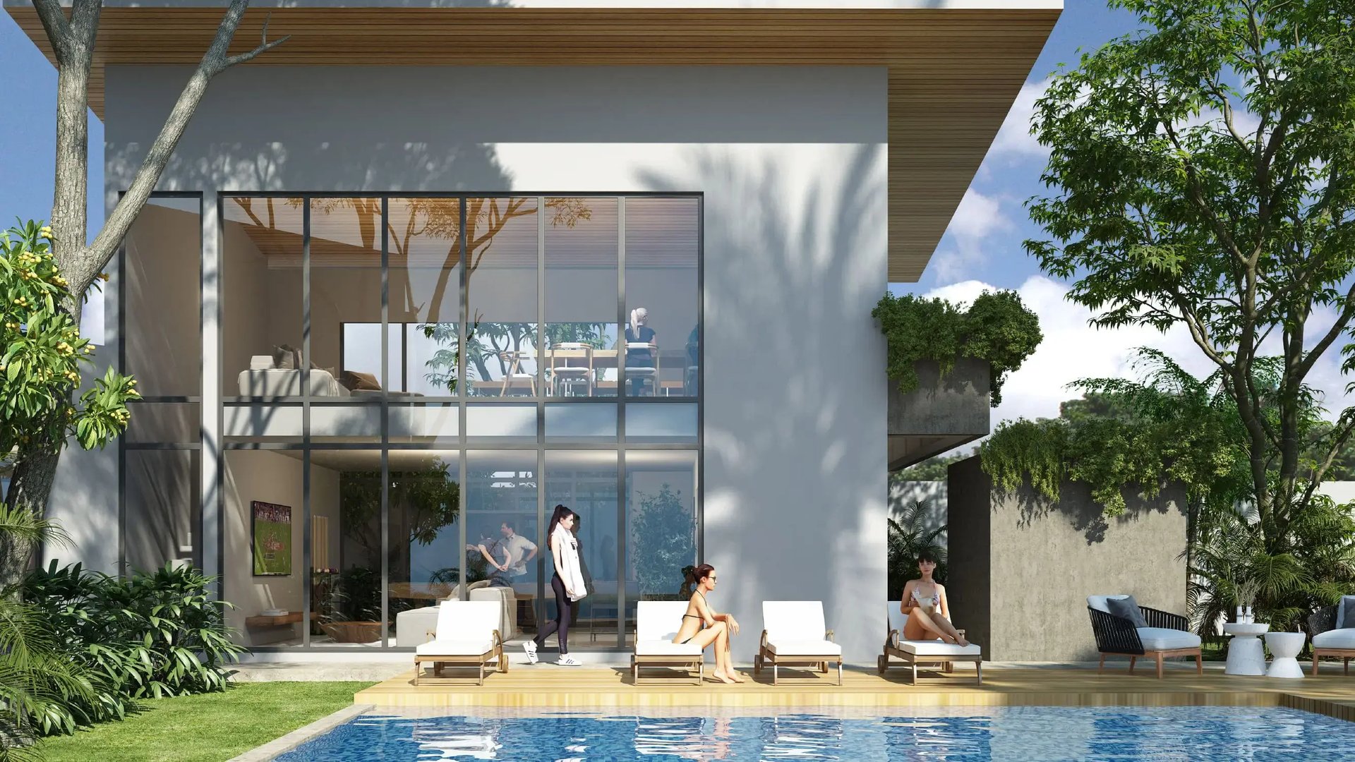 Render exterior de la moderna casa club de Condominios de Eurohogar, mostrando una piscina con deck de madera, camastros con personas relajándose, y un edificio de dos niveles con grandes ventanales integrados a jardines y árboles.