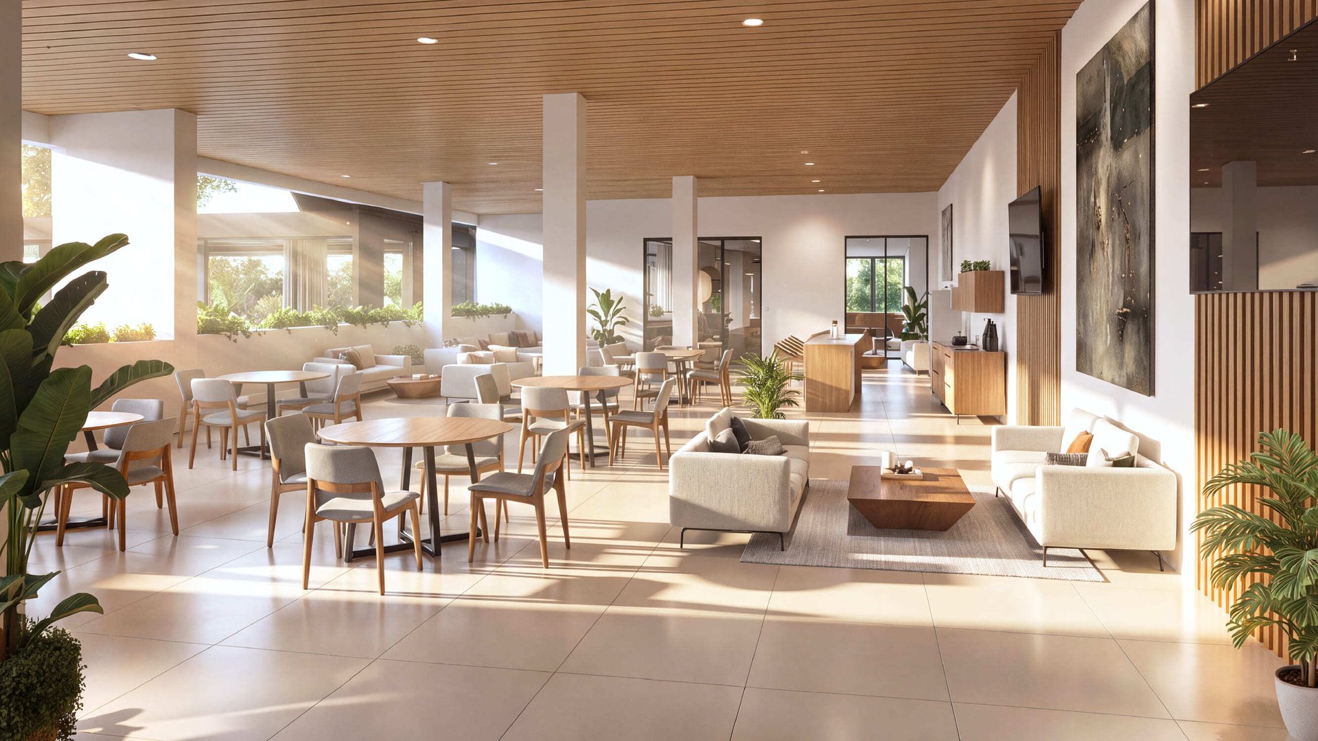 Interior de una amplia sala de estar y comedor de diseño moderno con techo de madera, mesas redondas, sillas grises, sofás beige y plantas decorativas iluminados por luz natural.