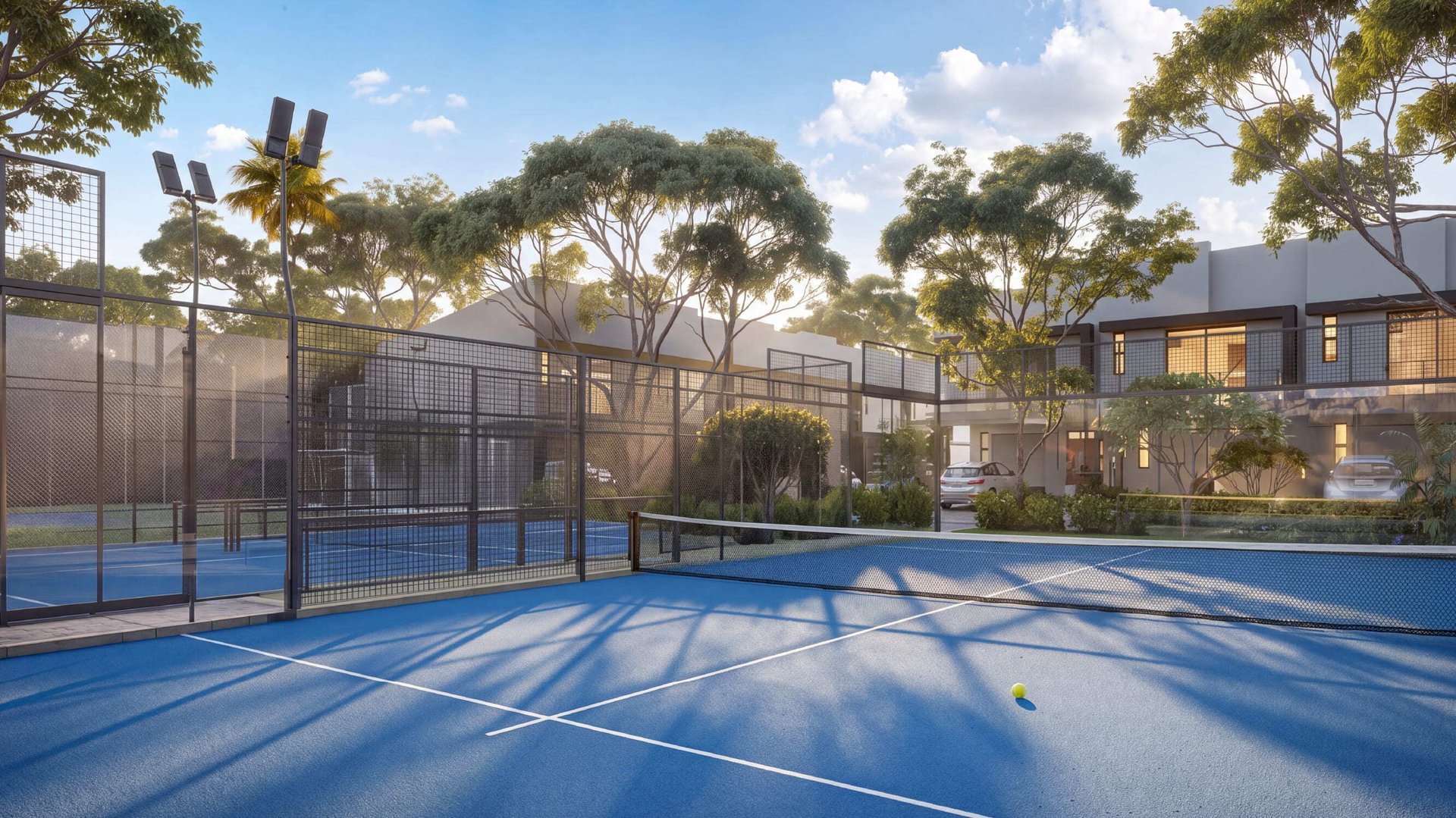 Cancha de tenis o pádel con superficie azul y líneas blancas, rodeada por reja de protección, árboles y casas modernas en un complejo residencial, con una pelota de tenis sobre el terreno de juego.
