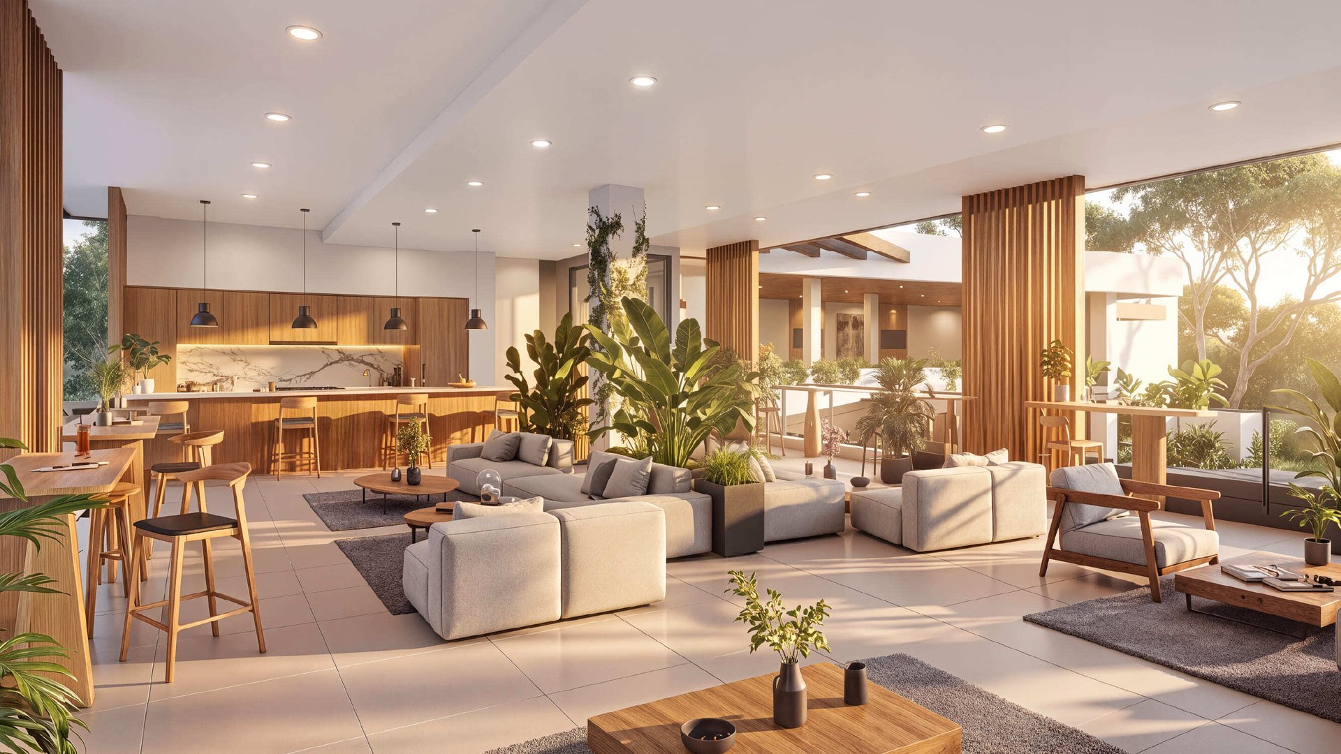 Espacioso salón lounge de diseño moderno con elegantes muebles de madera, sofás modulares en tonos claros, barra con bancos altos y abundantes plantas decorativas iluminado por luz natural que entra desde la terraza.