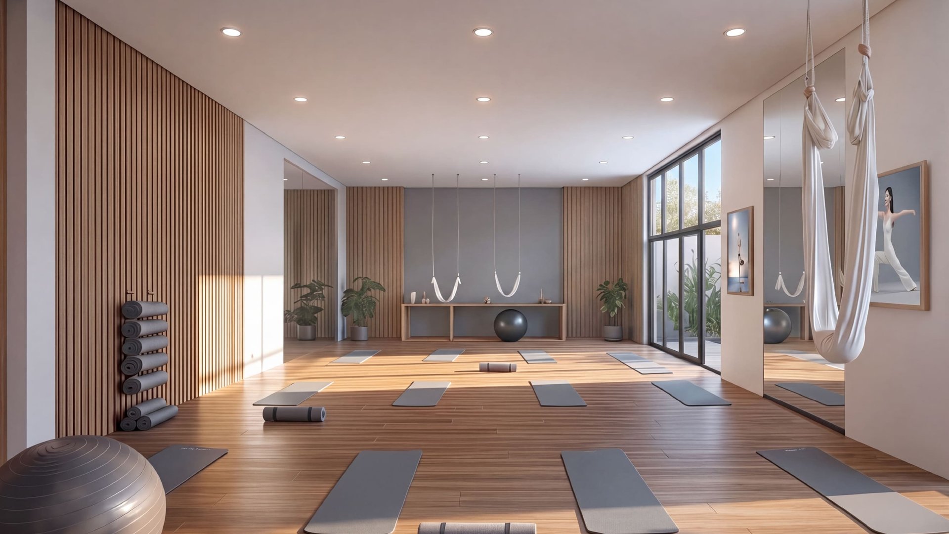 Espacioso estudio de yoga y pilates con diseño moderno, equipado con tapetes alineados sobre piso de madera, columpios de yoga aéreo colgados del techo, pelotas de fitness, amplios espejos y ventanales que permiten el paso de luz natural.