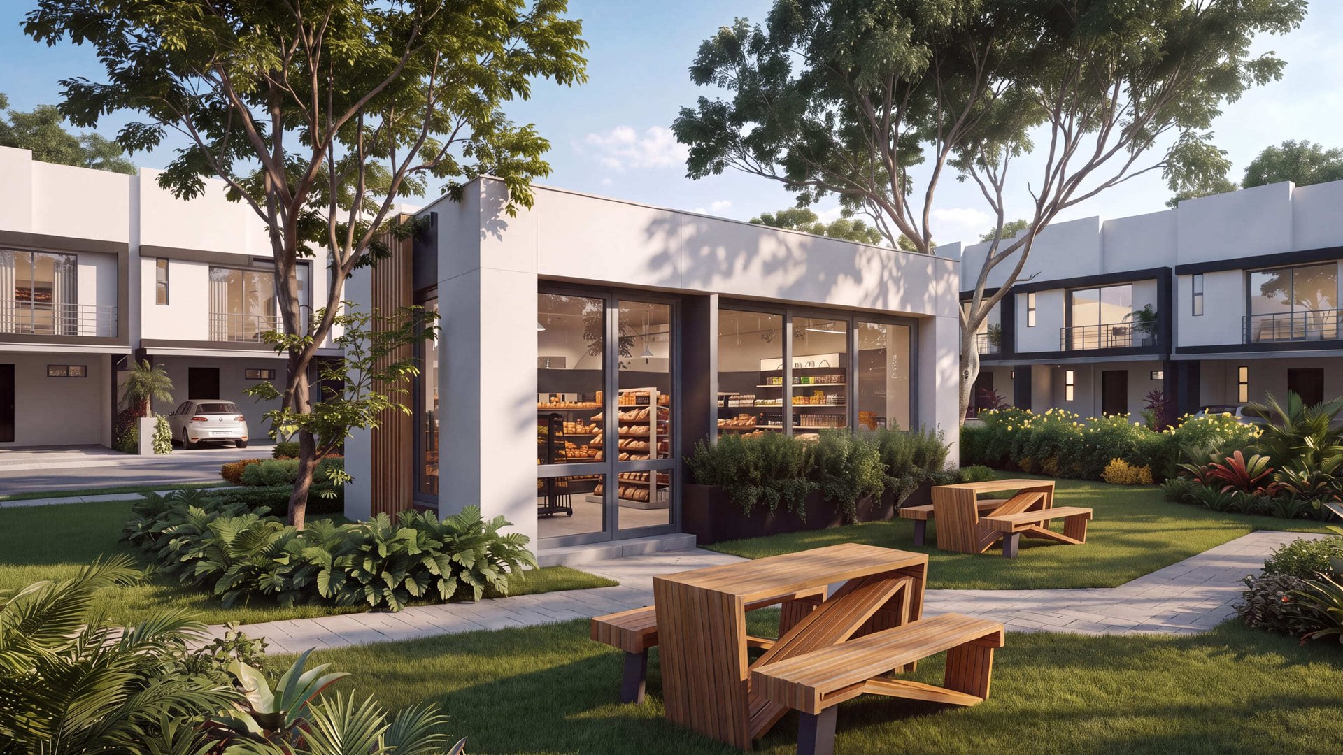 Mini súper o tienda de conveniencia de diseño moderno en las áreas verdes de un complejo residencial, con mesas de picnic de madera en el jardín y casas de dos pisos al fondo.