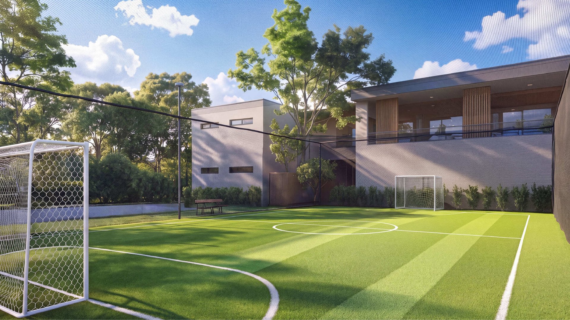 Cancha de fútbol con pasto sintético y porterías blancas, rodeada por red de protección y árboles, ubicada en las instalaciones exteriores de un moderno complejo residencial.