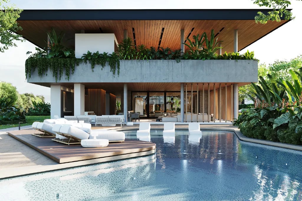 Render exterior de casa club moderna con piscina tipo infinity. Muestra un deck de madera con camastros blancos, sillas sumergibles, arquitectura contemporánea con acabados en concreto y madera, y vegetación tropical de Eurohogar.