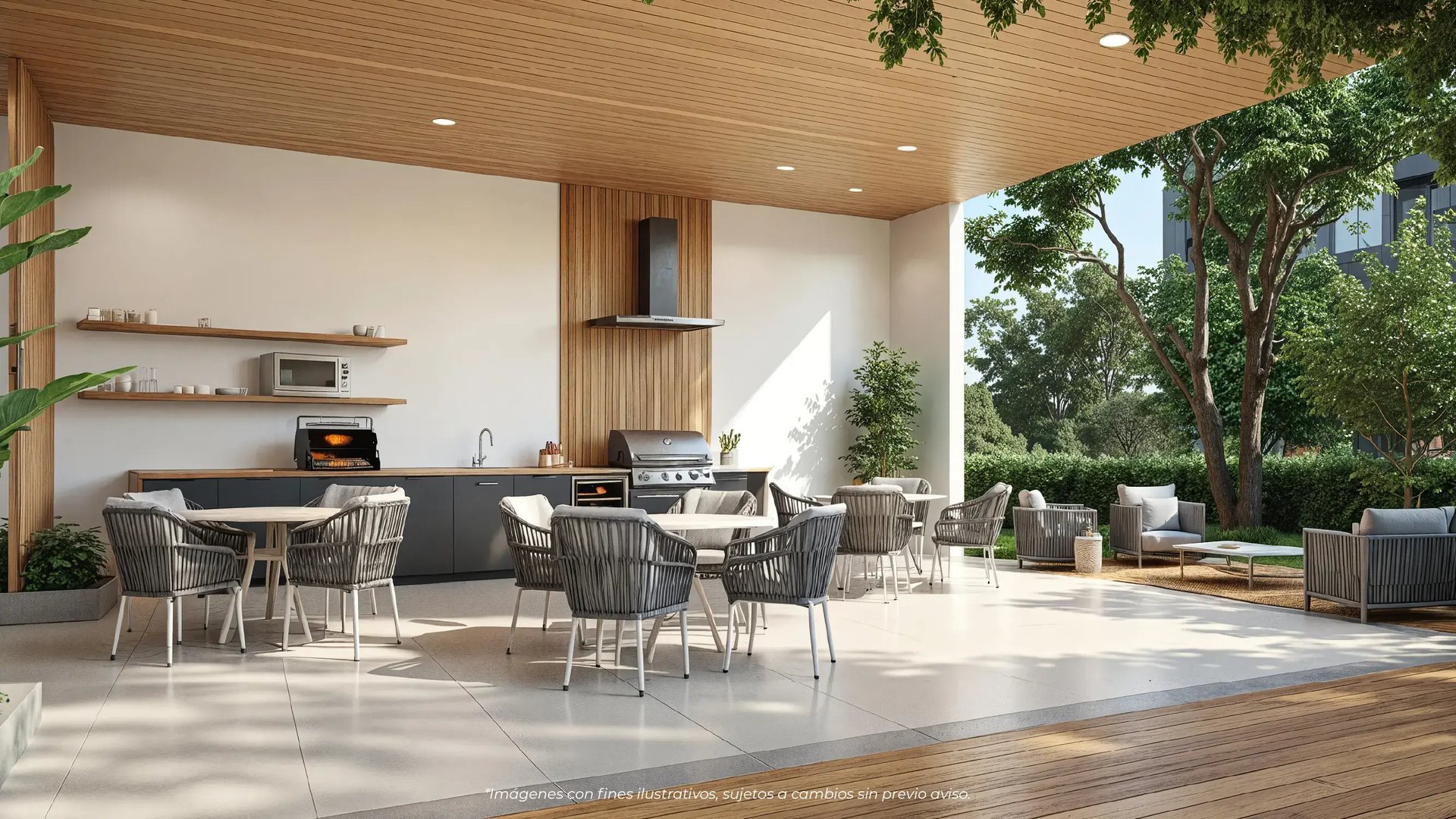 Render de la zona social exterior semi-techada en Puertas del Este, Montes de Oca. Muestra una par de mesas, sillas de diseño, y un área exterior adyacente con pícnic y rodeada de vegetación.