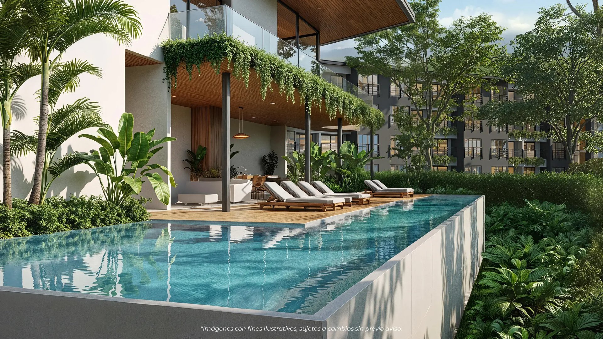 Render arquitectónico de Puertas del Este en Montes de Oca. Vista desde la piscina infinita hacia el edificio de apartamentos, mostrando camastros en el deck de madera, balcones con vegetación y el diseño moderno de Eurohogar.
