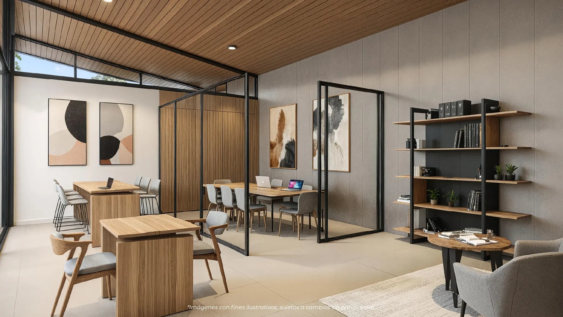 Render del área de coworking en Puertas del Este, Montes de Oca. Muestra un espacio de trabajo moderno semi-techado con paredes de concreto industrial, techo de madera, mesas y sillas de diseño contemporáneo, estanterías y luz natural.