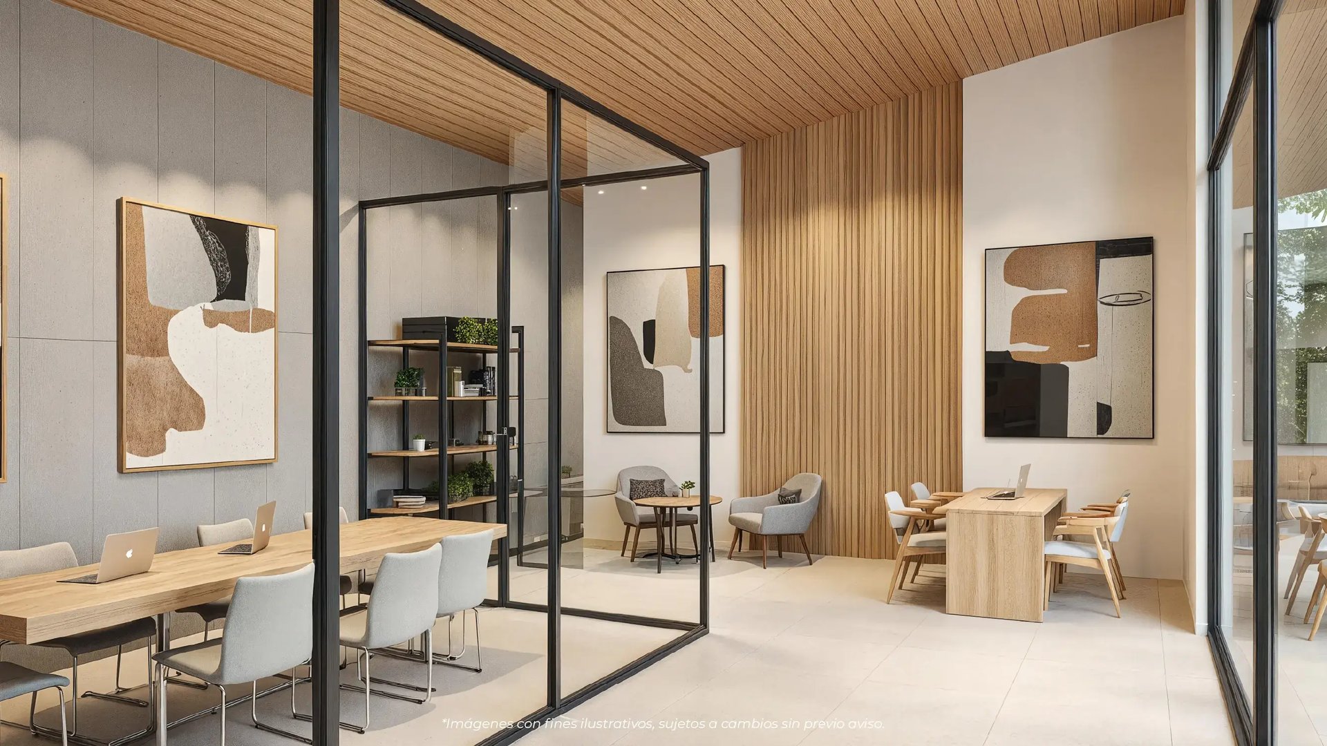 Render del centro de negocios en Puertas del Este, Montes de Oca. Muestra estaciones de coworking con mesas de madera, divisiones de vidrio de piso a techo, paneles decorativos de madera y mobiliario moderno para trabajo remoto.