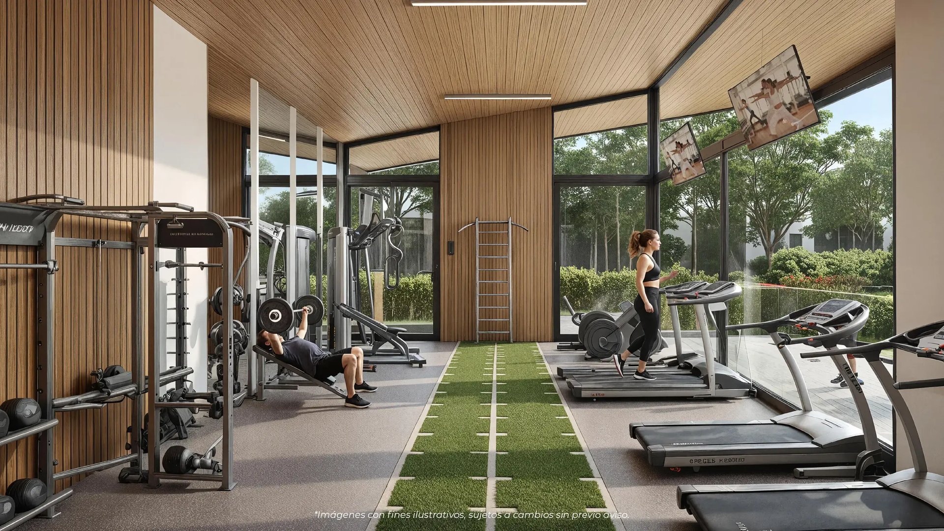 Render del gimnasio moderno en Puertas del Este, Montes de Oca. Muestra zona de peso libre, pista de césped sintético, caminadoras, espaldera de madera, paredes de madera y ventanales con vista a jardines.