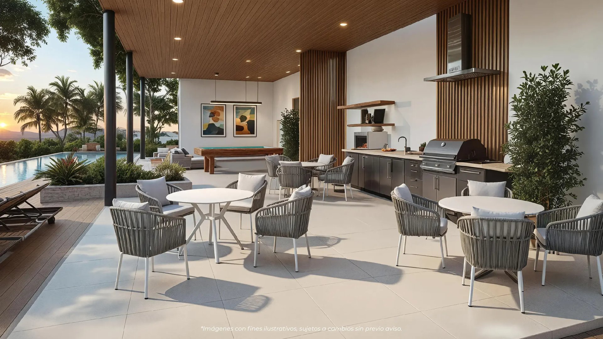 Render de la zona social y piscina infinita en Puertas del Este, Montes de Oca. Muestra área de BBQ moderna, mesas de exterior, billar y lap pool con vista al atardecer y palmeras, resaltando el estilo de vida urbano de Eurohogar.
