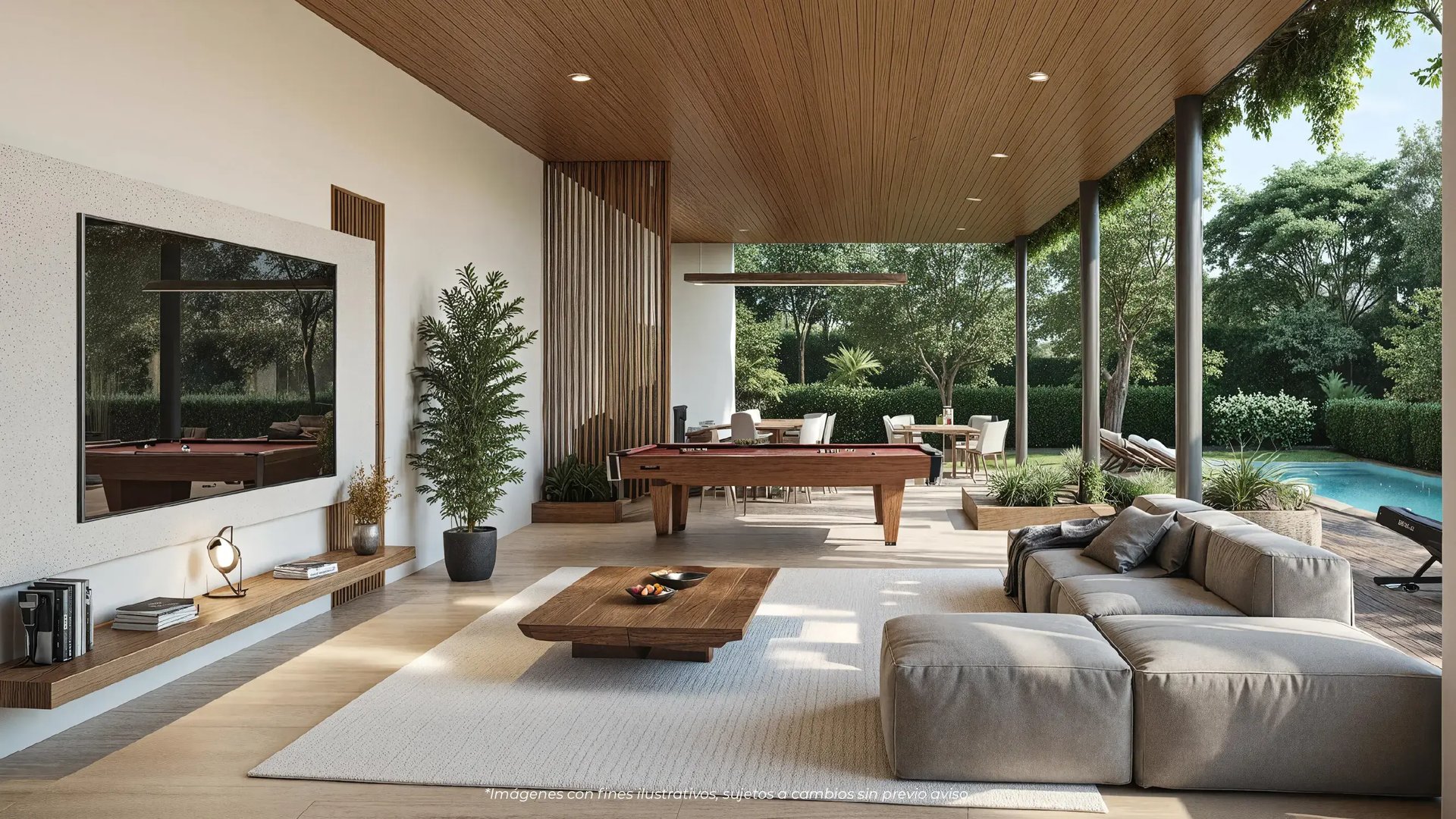 Render del lounge social en Puertas del Este, Montes de Oca. Muestra una sala moderna con sofá modular, pantalla de TV, mesa de billar y techos de madera, conectando con una terraza exterior y áreas verdes del condominio de Eurohogar.