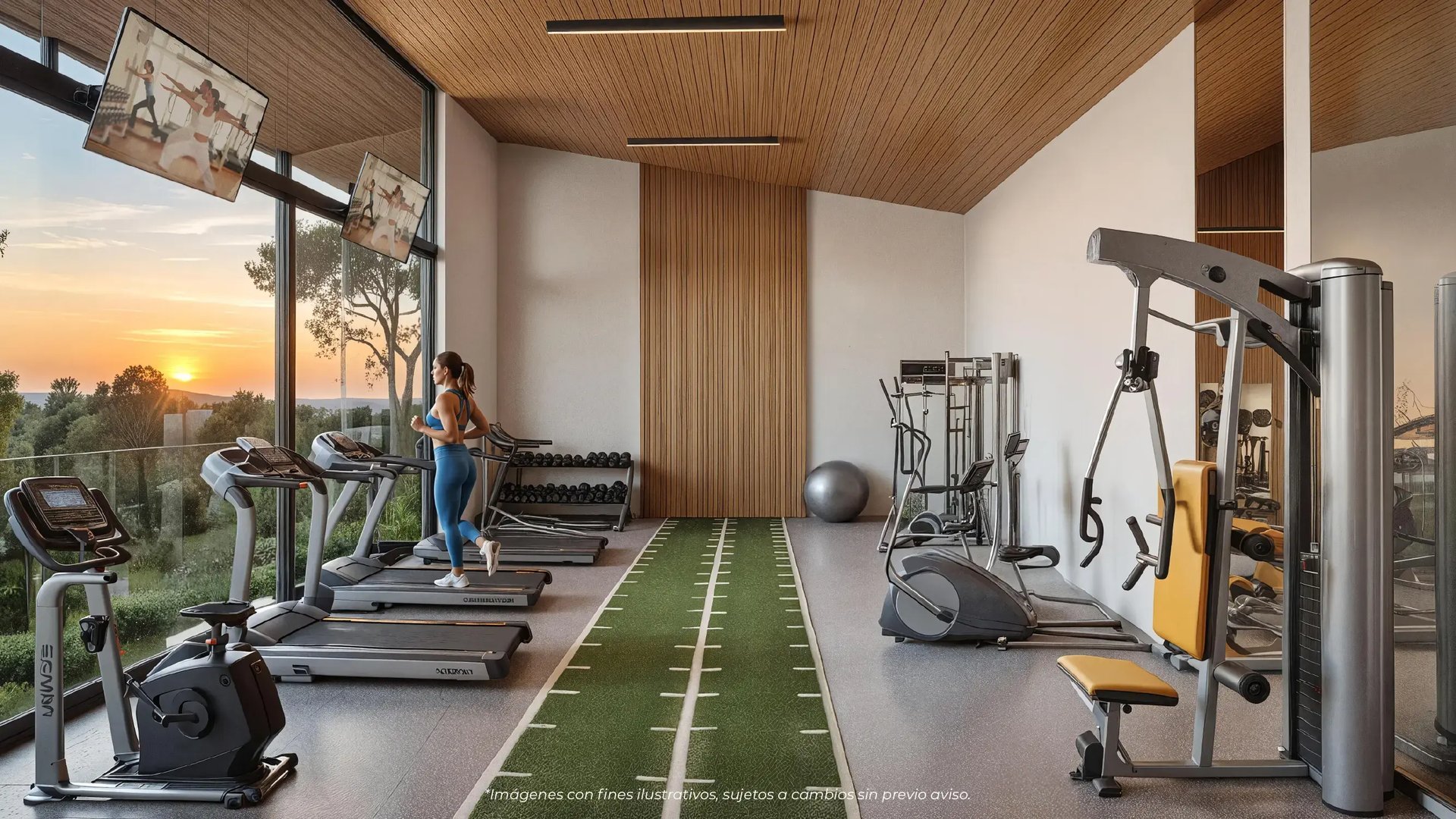 Render del gimnasio en Puertas del Este, Montes de Oca, durante el atardecer. Muestra a una mujer corriendo en caminadora frente a ventanales con vista panorámica, pista de césped sintético, máquinas de cardio y zona de fuerza de Eurohogar.