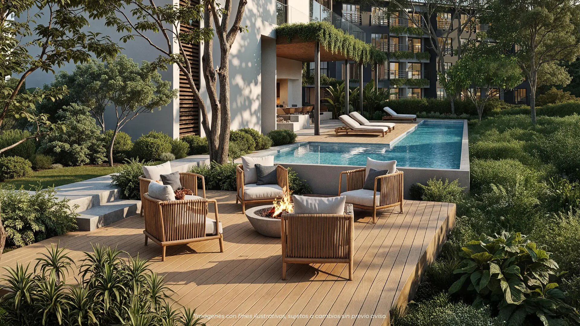 Render del área de Fire Pit exterior en Puertas del Este, Montes de Oca. Muestra cuatro butacas modernas alrededor de un pozo de fuego encendido sobre un deck de madera, junto a la piscina infinita y jardines del condominio de Eurohogar.