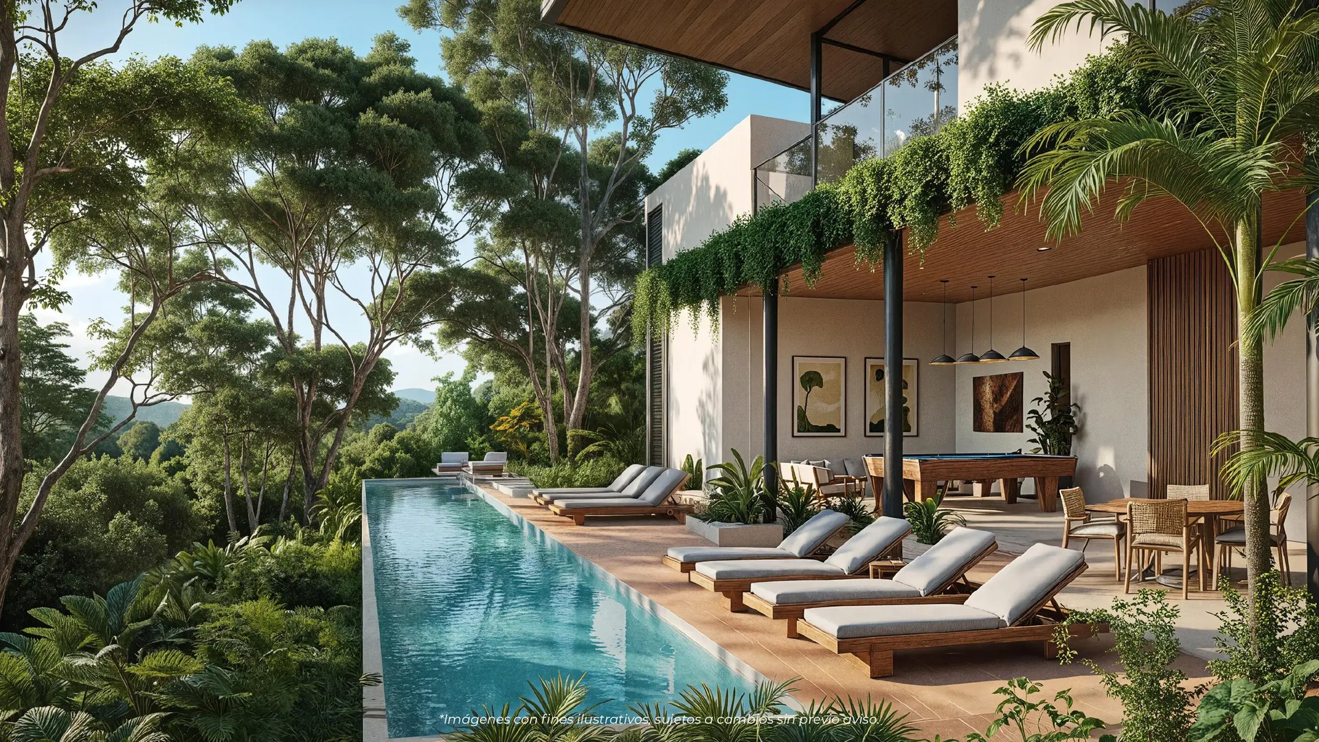 Render de la piscina infinita y terraza de Puertas del Este, Montes de Oca. Muestra camastros alineados, área de comedor exterior y salón de billar integrados, con vista panorámica hacia la densa vegetación de San Rafael.