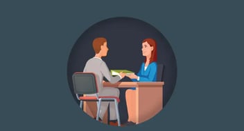 Ilustración de asesor y cliente revisando documentos en una mesa