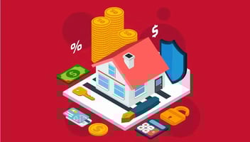 Ilustración de casa con elementos financieros como monedas dinero tarjeta llave y seguro representando inversión inmobiliaria