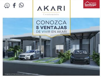 Fachada de viviendas del condominio Akari con autos estacionados y áreas verdes