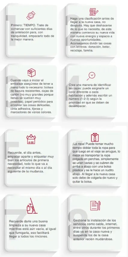 Infografía con consejos para mudanza incluyendo organización embalaje limpieza y gestión de servicios