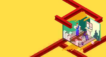 Ilustración de construcción de vivienda con trabajador colocando bloques dentro de estructura