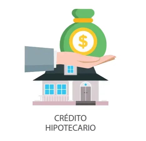 Ilustración de crédito hipotecario con mano sosteniendo bolsa de dinero sobre una casa