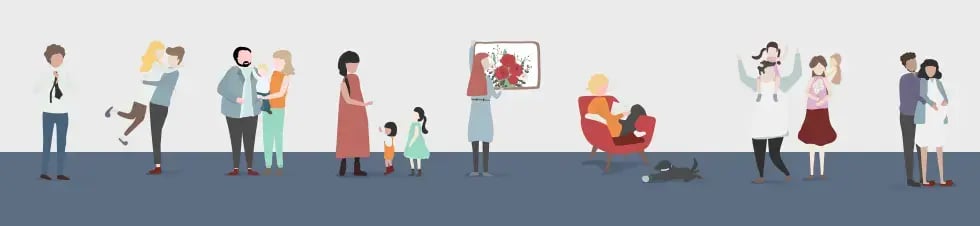 Ilustración de diferentes familias y personas conviviendo en distintos momentos cotidianos