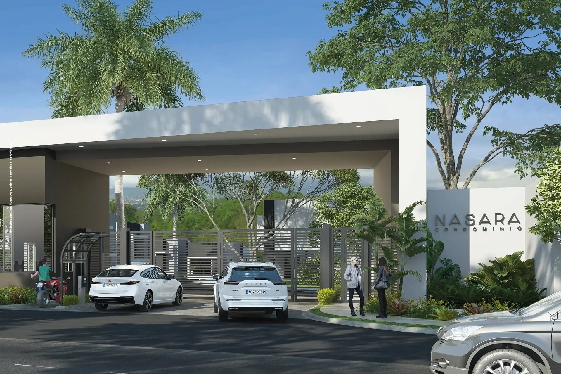 Render de la entrada principal a Condominio Nasara en Río Oro, Santa Ana. Muestra el acceso controlado con caseta de seguridad, portones automáticos, arquitectura moderna en blanco y gris, y rotulación del proyecto de Eurohogar.