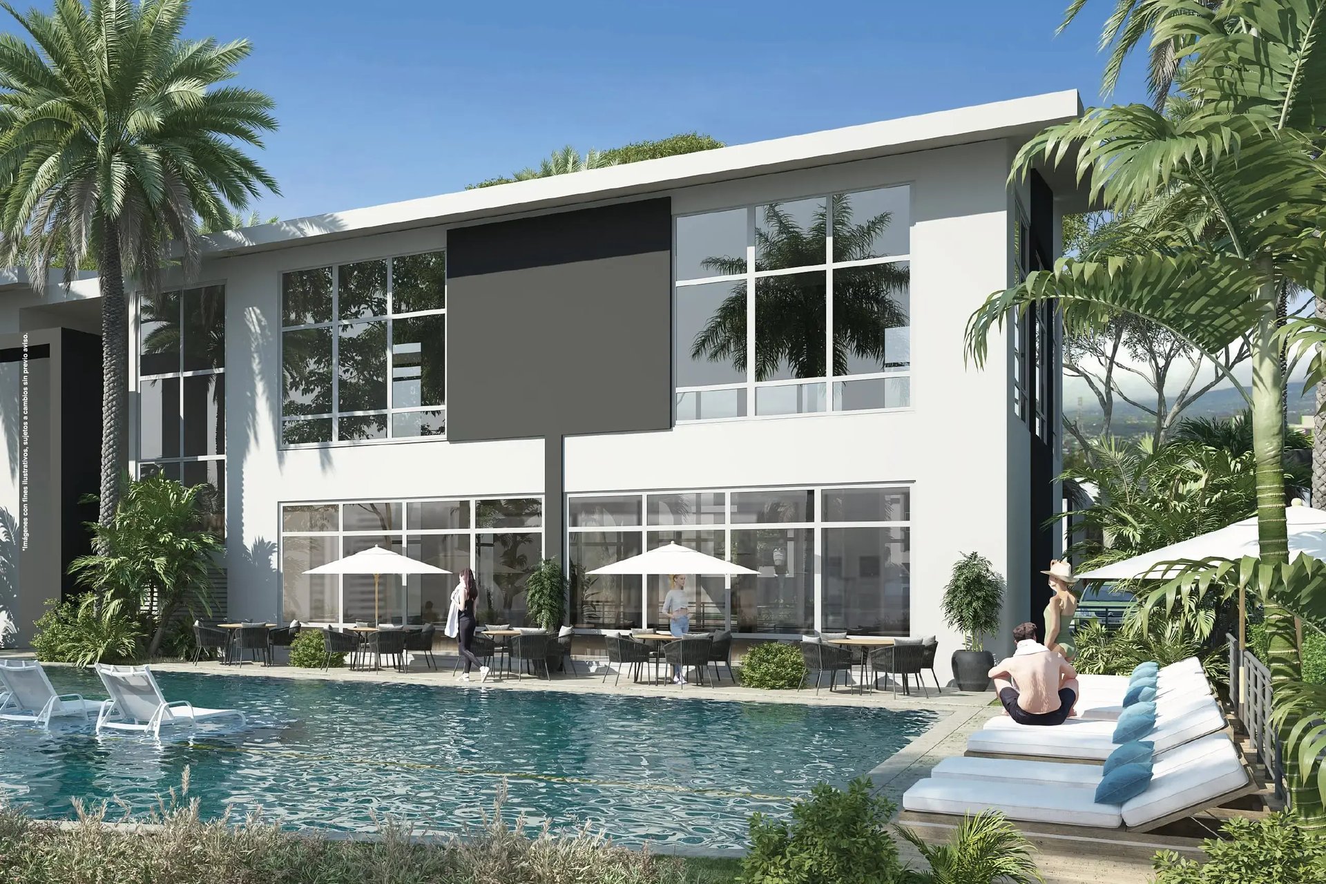 Render de Casa Club moderna en Condominio Nasara, Río Oro de Santa Ana. Incluye piscina para adultos, área de asoleo con camastros, mesas con sombrillas y edificio de dos niveles con amplios ventanales y diseño contemporáneo de Eurohogar.