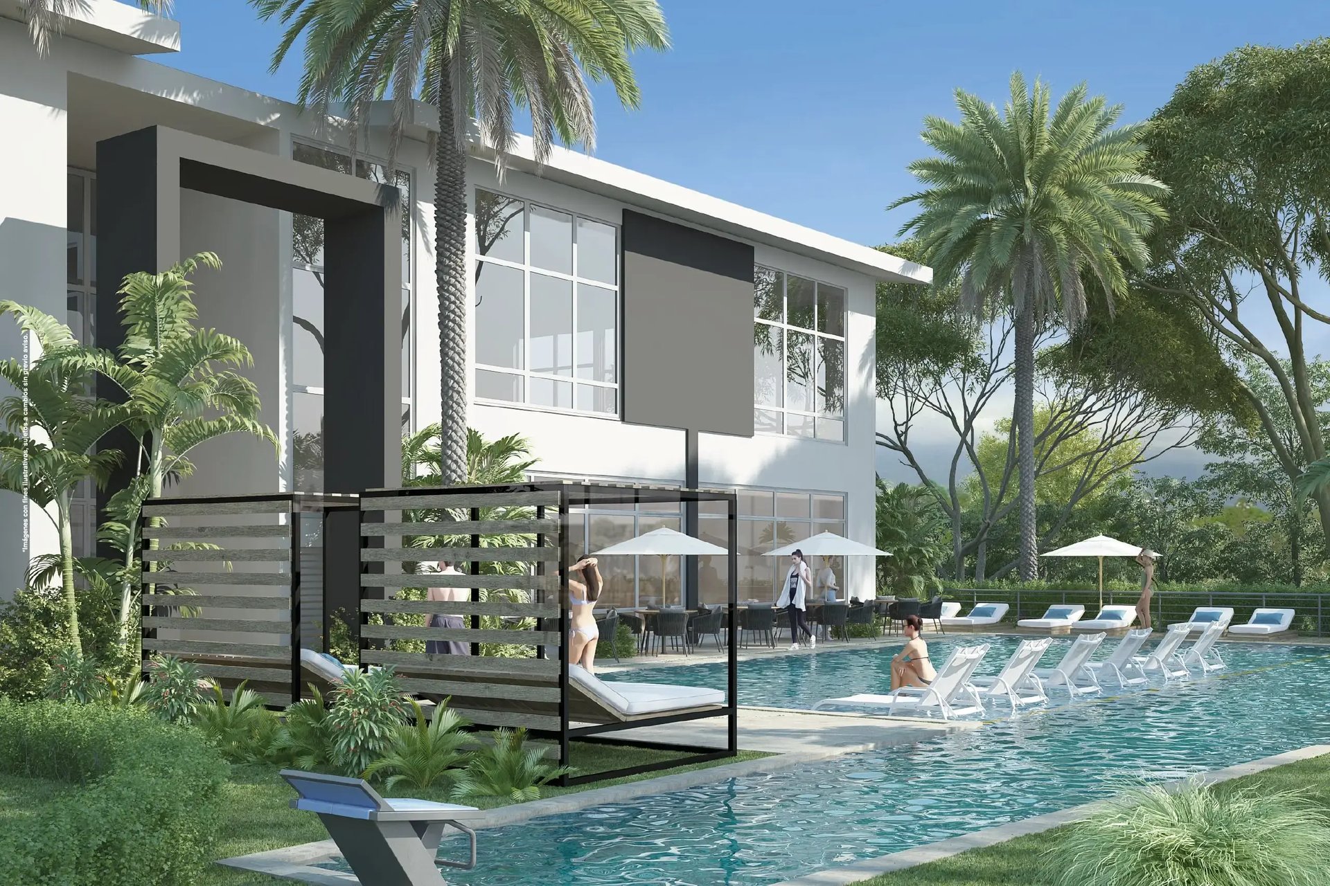 Render de piscina con carril de nado en Condominio Nasara, Santa Ana. Muestra camas de día estilo cabaña, camastros blancos modernos y la Casa Club al fondo rodeada de palmeras y naturaleza.