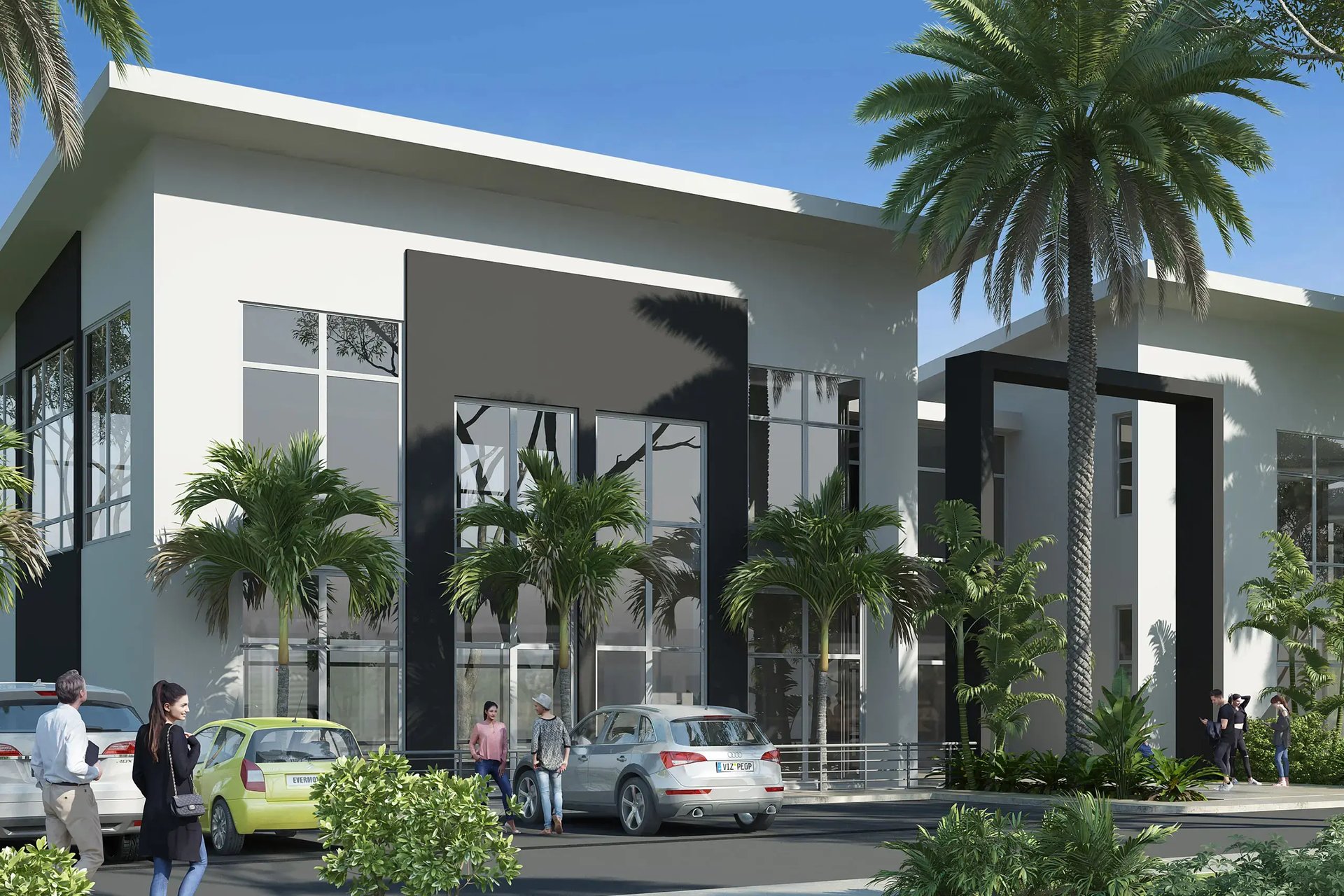 Render de la fachada moderna de la Casa Club en Condominio Nasara, Santa Ana. Presenta un edificio de dos niveles con acabados en blanco y negro, grandes ventanales de vidrio, palmeras decorativas y área de parqueo para visitantes.