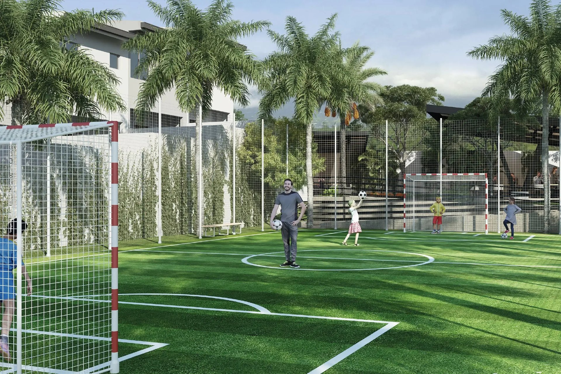 Render de la cancha sintética de fútbol 5 en Condominio Nova, Desamparados. Muestra el terreno de juego verde con líneas de pintura blanca, porterías metálicas alineadas en los extremos y un deck de descanso elevado con pérgola.
