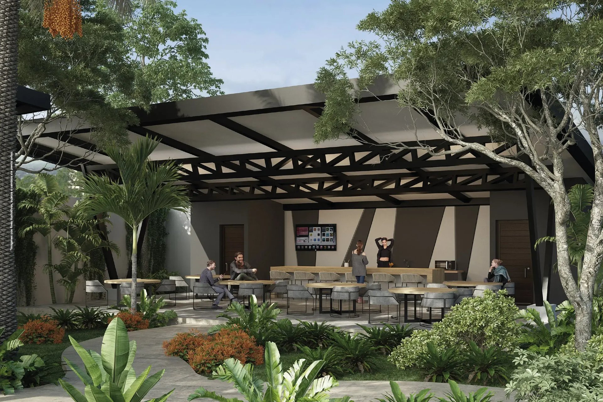 Render de la zona de estar y picnic al aire libre en Condominio Nova, Desamparados. Muestra múltiples conjuntos de mesas y bancas modernas de madera bajo estructuras de pérgola blancas, rodeadas de jardines frondosos y senderos peatonales.