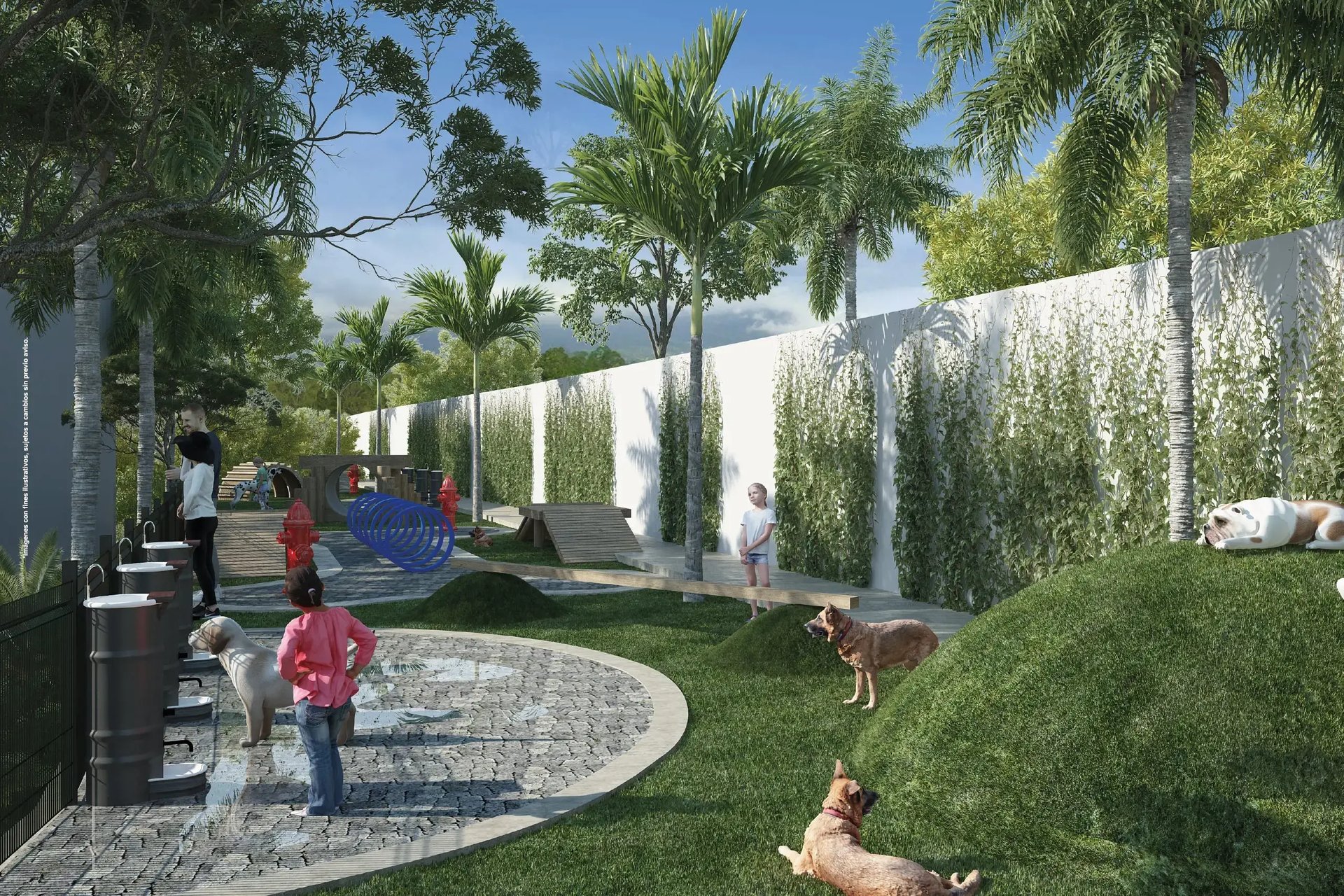 Vista del Pet Park en Condominio Nova, Desamparados. Muestra áreas verdes con obstáculos para mascotas, un bebedero de concreto para perros, personas disfrutando con sus mascotas.