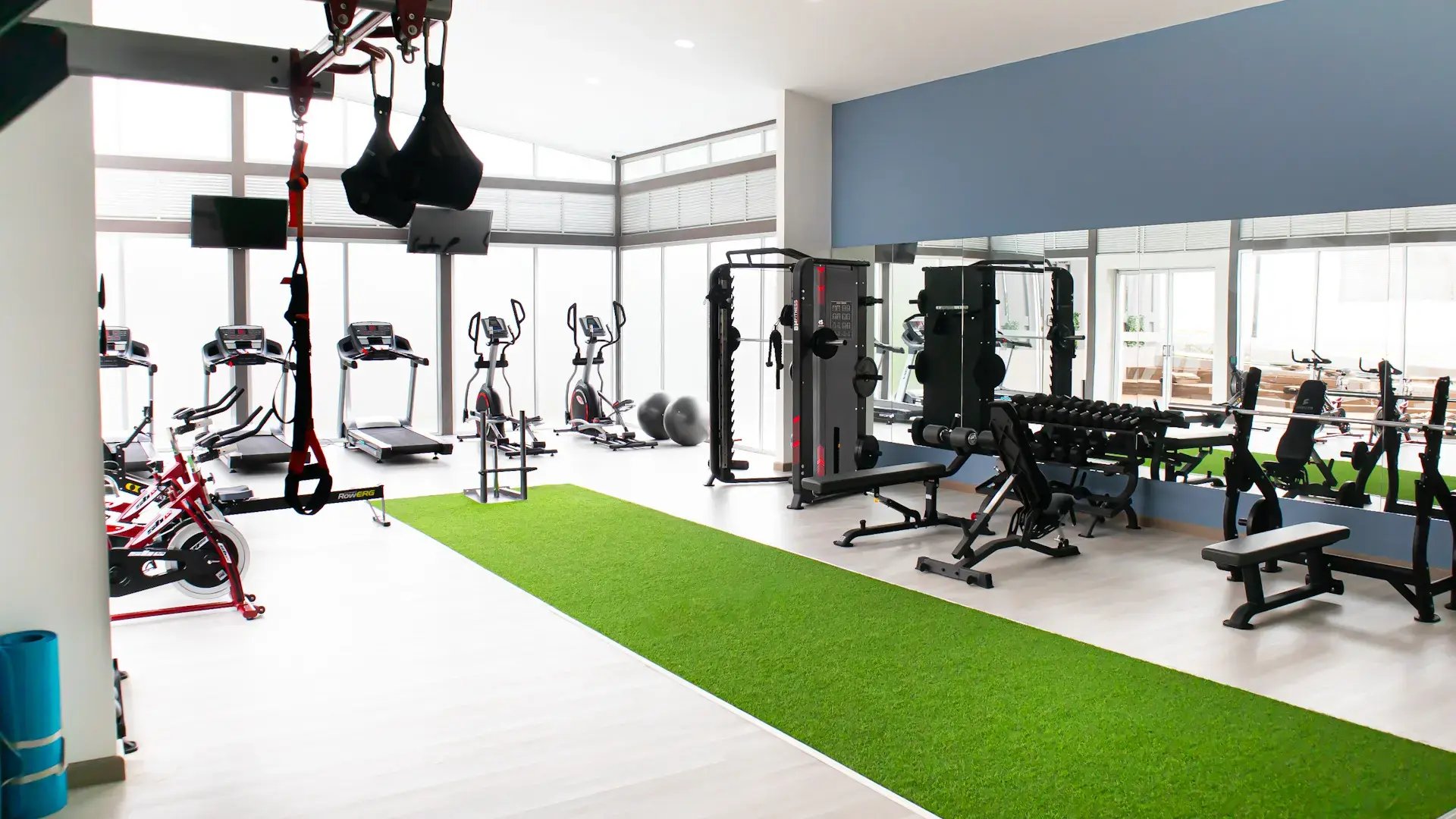 Gimnasio moderno y totalmente equipado en Condominio Blue, Cariari. Se observa área de máquinas de cardio, pesas, zona de entrenamiento funcional con césped sintético y amplios ventanales con iluminación natural.