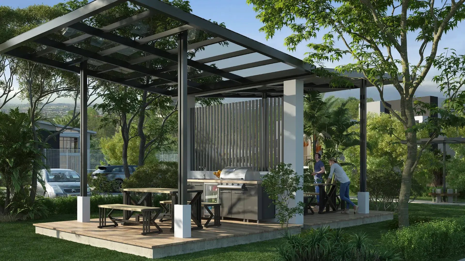 Render de área de BBQ moderna en Condominio Nasara, Santa Ana. Presenta un rancho con estructura metálica negra, techo traslúcido, deck de madera, parrilla de acero inoxidable y mesas de picnic, rodeado de áreas verdes de Eurohogar.