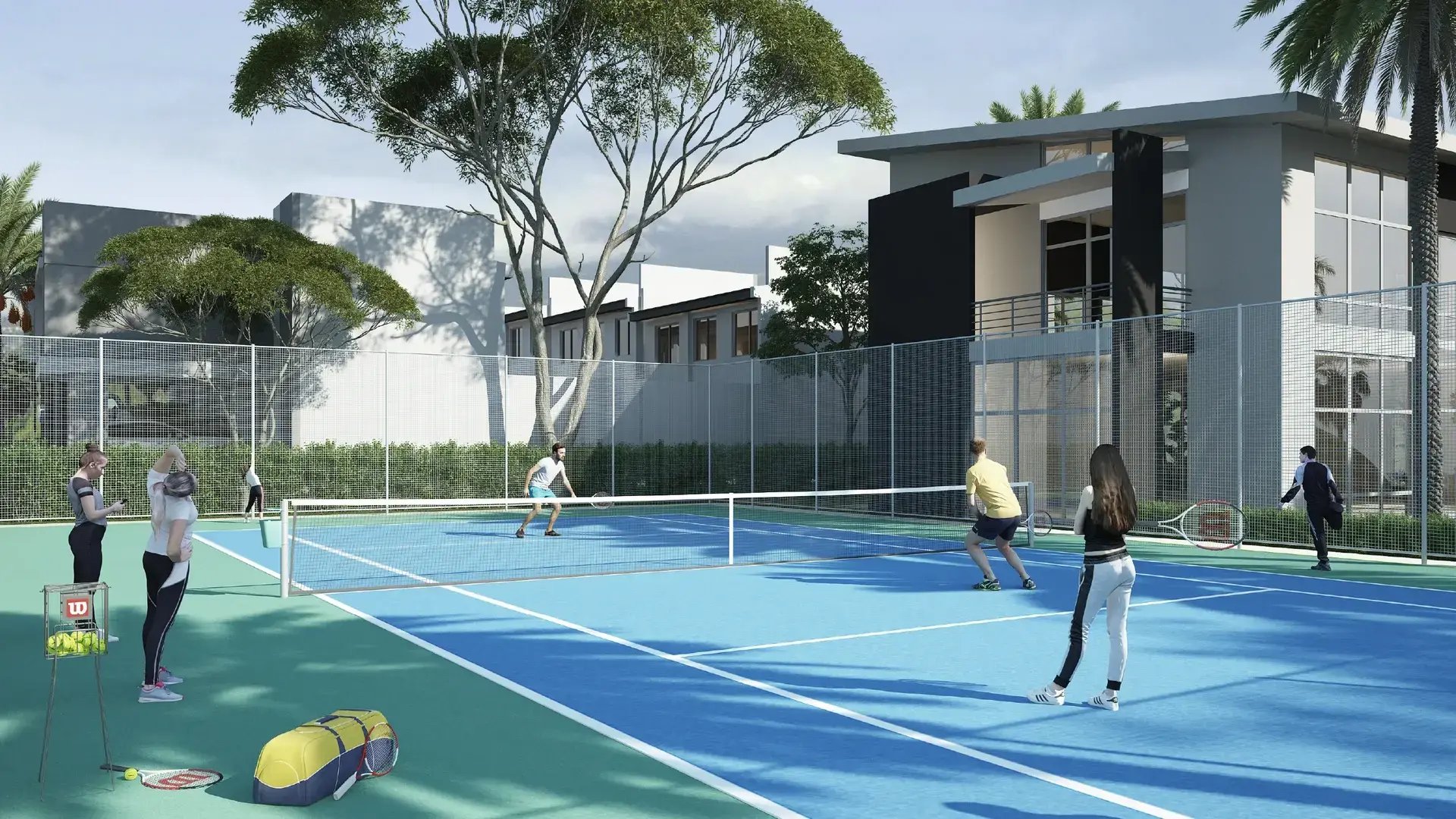 Render de cancha de tenis profesional en Condominio Nasara, Santa Ana. Muestra una superficie azul y verde con cerramiento perimetral, jugadores en acción y la Casa Club moderna al fondo.