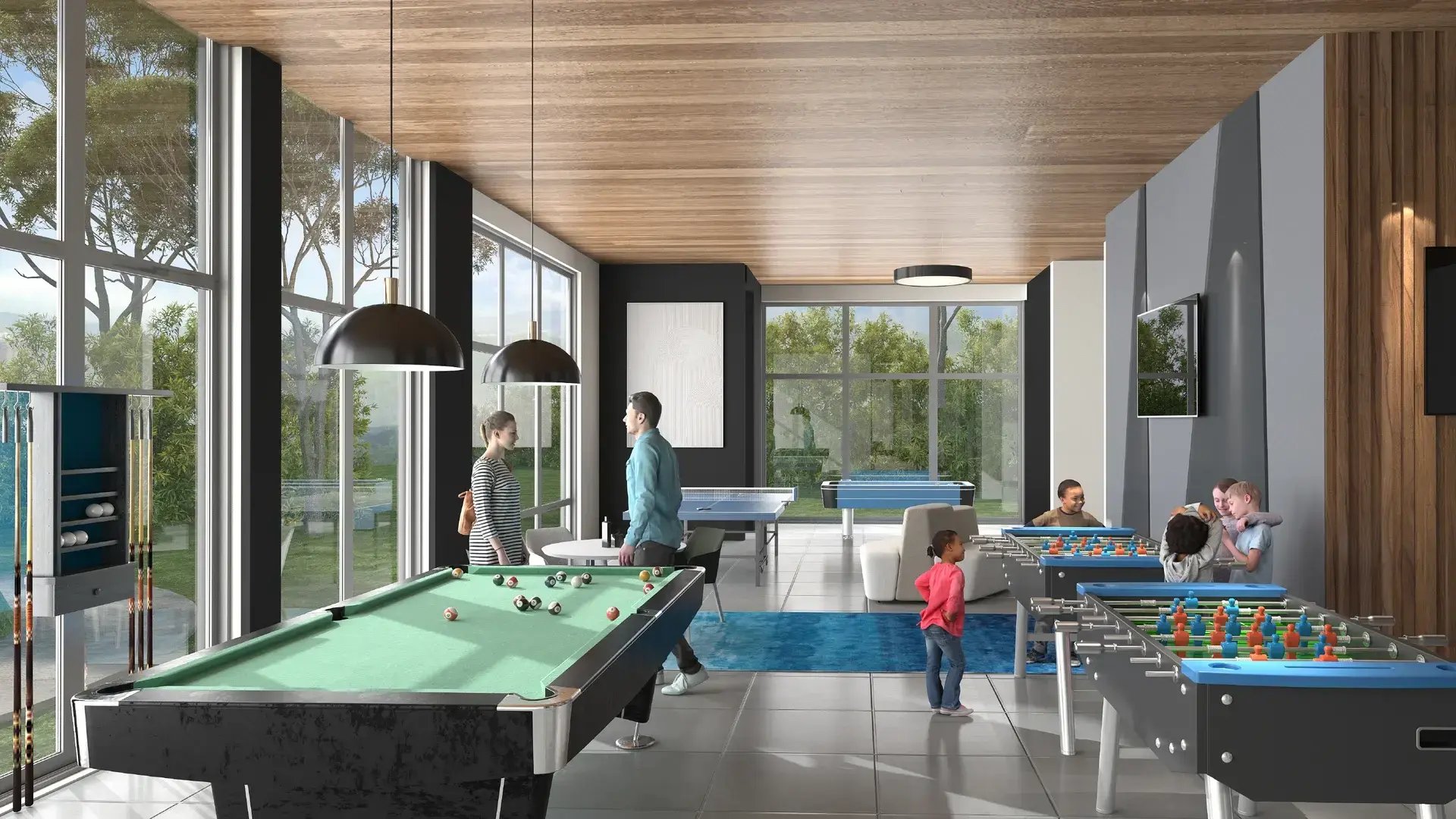 Render de sala de juegos en Condominio Nasara, Santa Ana. Espacio con mesa de billar, futbolines, ping pong y air hockey. Diseño moderno con ventanales de piso a techo, cielorraso de madera e iluminación cálida.