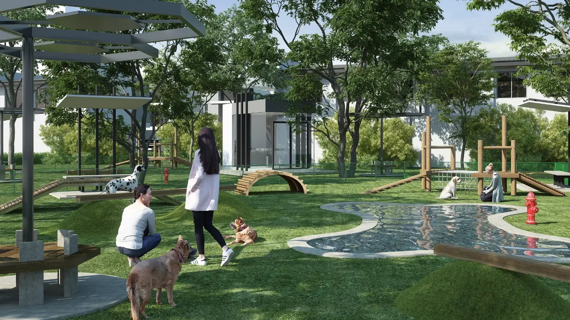 Render de parque para mascotas en Condominio Nasara, Santa Ana. Muestra un área verde cercada con piscina para perros, rampas de agilidad, túneles y zonas de sombra.