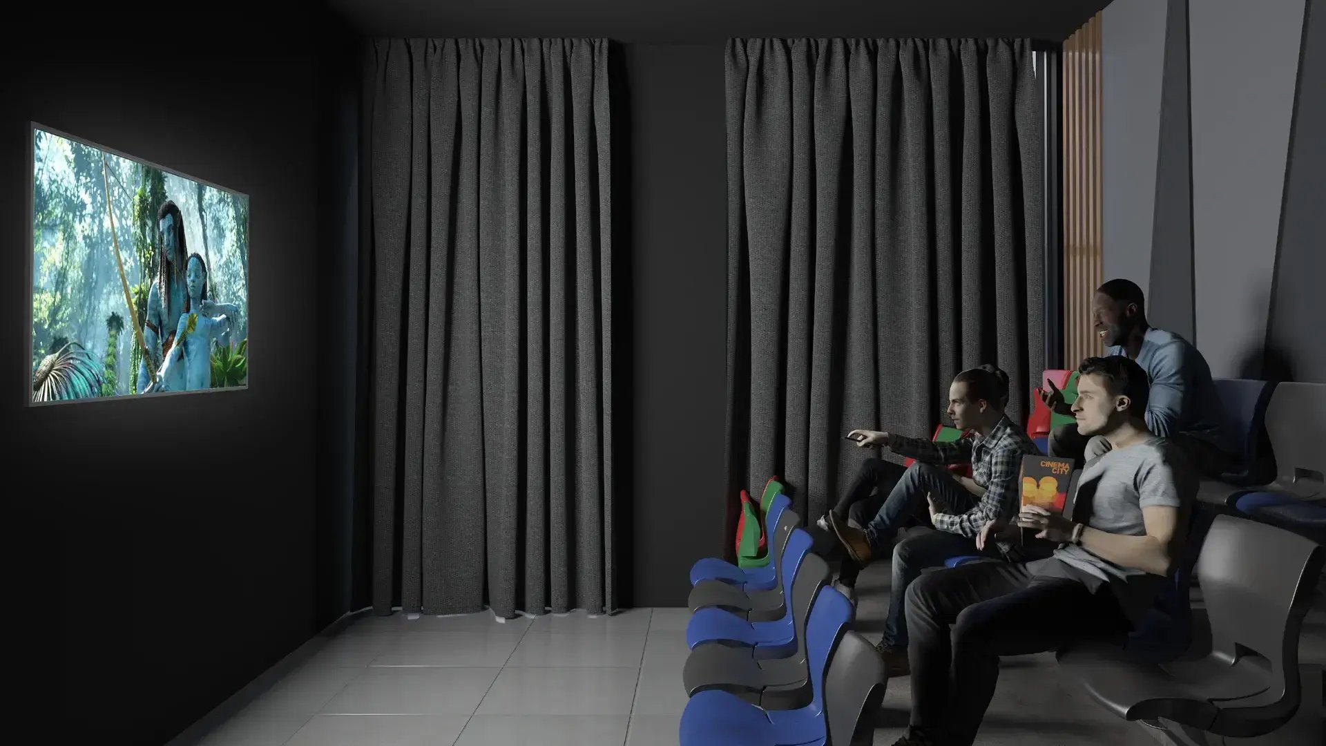 Render de sala de cine privada en Condominio Nasara, Santa Ana. Muestra butacas de colores dispuestas en niveles, pantalla de proyección grande, cortinas acústicas y residentes disfrutando de una película.