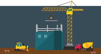 Ilustración de obra en construcción con grúa maquinaria pesada y edificio en desarrollo